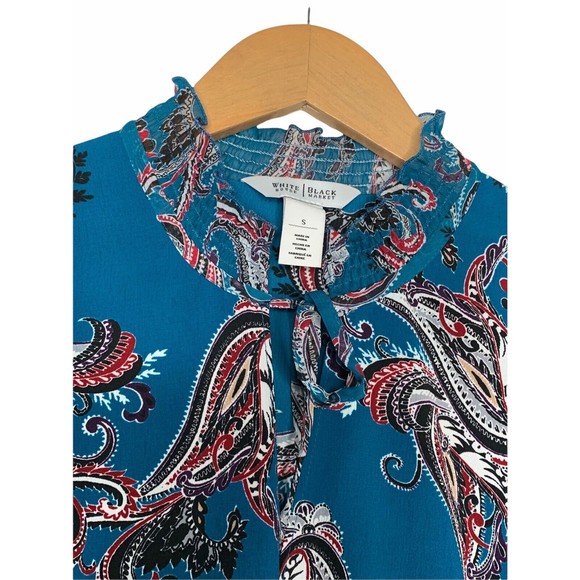 White House Black Market Blue Paisley Mock Neck With Tie Dress Size Small - Picture 11 of 11